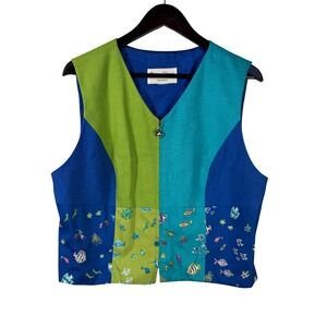 Vtg Sharon Young Sportswear Colorblock‎ Fish Print Zip Vest Blue Green Retro